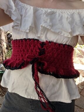 Handmade Red and Black Crocheted Ruffle And Laced Corset Belt Whimsigoth